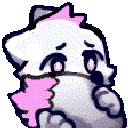 A white creature with pink accents peeking out with a shy, blushing expression.