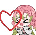 Mitsuri Kanroji from Demon Slayer smiling joyfully while drawing a red heart in the air.