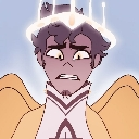 Adam from Hazbin Hotel with a stressed, confused expression and a glowing halo.