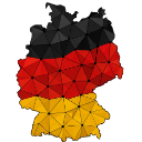 Germany map rendered in a low-poly geometric style with black, red, and gold colors.