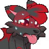 A pixel art fox with red and black fur panting and sweating with a tired expression.