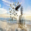 Buddha statue sitting in meditation while an eagle flies above with money raining down.