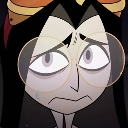 Character with long black hair and glasses looking terrified with a bead of sweat on their face.