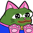Pepe the Frog wearing pink cat ears and holding up pink cat paws with a happy expression.
