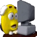 A yellow 3D character with wide eyes staring at a computer screen in shock.