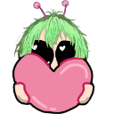 A green-haired creature with antennae and dark eyes holding a large pink heart.