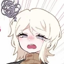 Faust with blonde hair looking confused and overwhelmed with a scribble icon above her head.