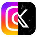 Instagram logo on the left split with a white letter K on a black background on the right.