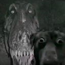 A T-Rex looms over a wide-eyed, terrified black dog in a grainy black and white photo.
