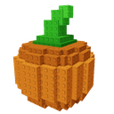 Pumpkin built from orange and green plastic building blocks on a dark background.