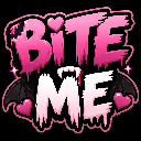Bite Me text in pink dripping font with vampire fangs, bat wings, and hearts.