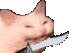 A pink cat holding a silver knife with a smug, squinting expression.