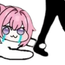 Anime character with pink hair crying with blue tears streaming down their face.