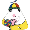 A cartoon character wearing a colorful propeller hat sticks its tongue out while holding a rainbow-colored lollipop.