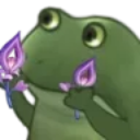 A green frog looking upward while holding two glowing purple Naku weed flowers in its hands.