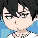 Anime boy with black hair making a skeptical, pouting face while thinking.