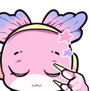 An axolotl with closed eyes and a smug expression holding up its hand to show off long, sharp fingernails.