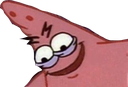 Patrick Star looking sideways with a suspicious and mischievous smirk.