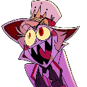 Sir Pentious with wide, manic eyes and a massive, toothy grin.
