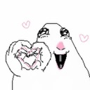 A crudely drawn white creature with wide eyes and a big grin making a heart shape with its hands, surrounded by small pink h…