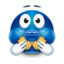 A blue character with wide eyes stuffing two snacks into its mouth with both hands.