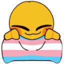 A yellow character with a happy, blushing expression holding up a transgender pride flag.