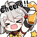 Anime character smiling broadly and raising a glass of beer with the text cheers!! written above.