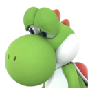 Yoshi looking down with a sad and dejected expression.
