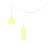 A yellow pixelated star and a crystal charm hanging from a white string against a black background.
