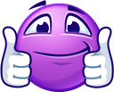 Purple smiley face giving a double thumbs-up gesture with both hands.
