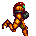 Samus Aran in her orange and red Varia suit running in a classic 8-bit side-scrolling style.