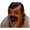 A man with a cat face laughing hysterically with his mouth wide open.