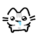 A simple line-art cat with wide, vacant eyes and a blue drop of drool hanging from its mouth.