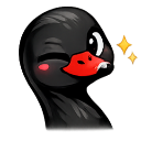 A cartoon black swan winking with a red beak and a sparkling star effect next to its head.