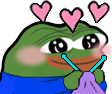 Pepe the Frog with blushing cheeks and wide eyes surrounded by floating pink hearts.
