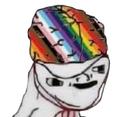 Wojak character with a smug expression and a rainbow-patterned brain exposed on top of its head.