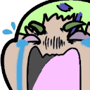 A cartoon character with green hair and a distorted face wailing with large blue tears streaming down its cheeks.
