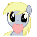 Derpy Hooves the pony holding a pink heart in her mouth with a happy expression.
