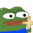 Pepe the Frog holding a golden cross with a suspicious expression.