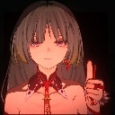 Anime girl with a smug expression holding up a thumbs-up gesture in a red-tinted pixel style.