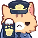 A fluffy brown cat wearing a police hat and uniform holds up a badge with a paw print.