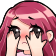 A girl with pink hair blushing intensely while covering her face with her hands.