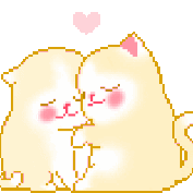 Two cream-colored kittens hugging each other with small pink hearts appearing above them in a repeating pixel animation.