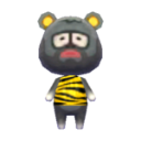 A stylized cartoon villager with a gray face and tiger-print shirt looking wide-eyed and confused.