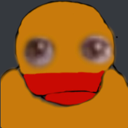 Duck head with wide, glossy eyes and a bright red beak staring blankly.