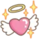 Pink heart with white wings and a golden halo surrounded by shimmering sparkles.