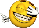 A yellow smiley face covering its eyes with one hand while laughing with a wide, toothy grin.
