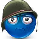 A blue spherical character wearing a green military helmet looking skeptical and annoyed.
