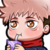 Yuji Itadori in chibi style sipping from a purple juice box with a straw.