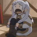 Frieren sitting on the floor with a dramatic crying expression, pulling on her hair.